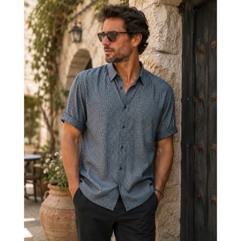 John Varvatos Mens Cotton Polka Dot Chambray Button Down Shirt XL Short Sleeve